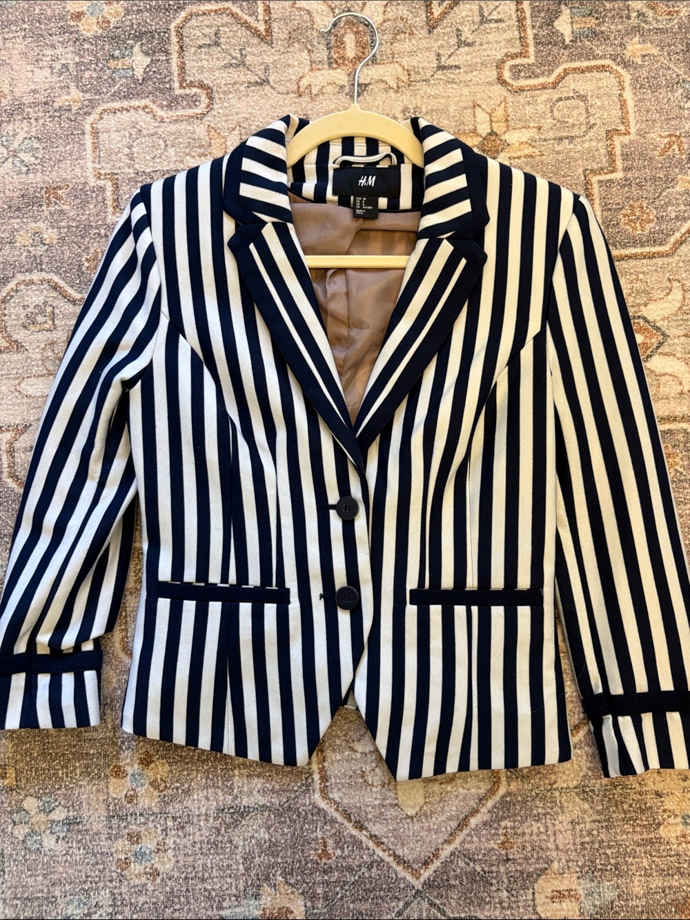 H&M Striped Navy and White Single-Breasted Blazer
